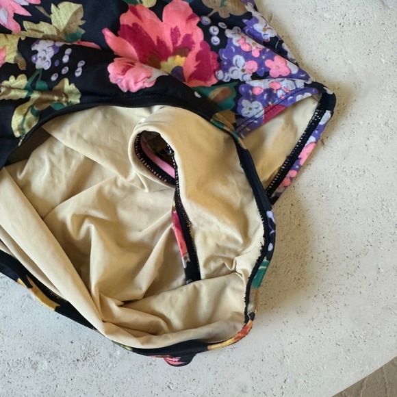 Anthropologie Allihop Black Floral Zinnia Plunge One Piece Swimsuit Boho L - Picture 7 of 9